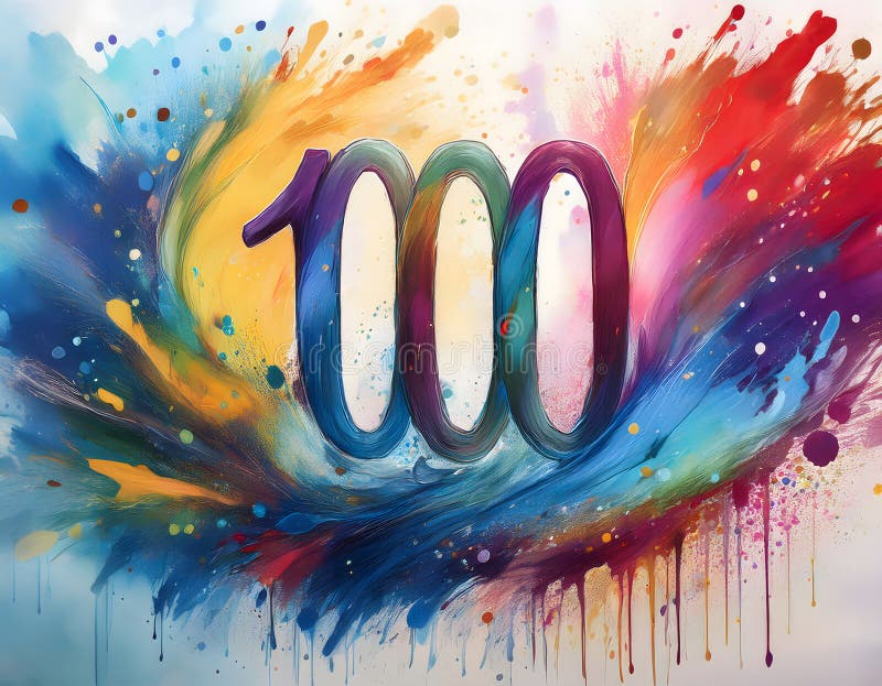 Ο αριθμός 1000 χρωματίζεται με ζωντανά χρώματα και περιβάλλεται από διαστρωματωτές και στάγδην που δημιουργούν μια δυναμική εικόνα.