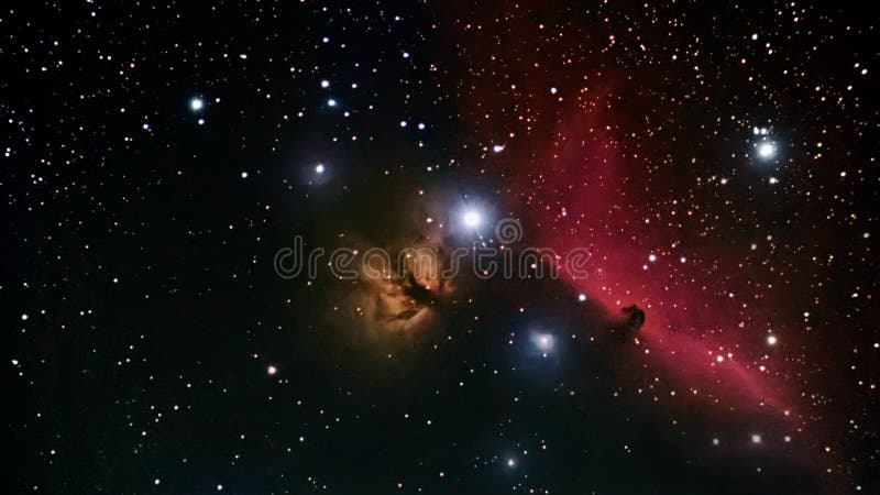 The Horsehead Nebula is a dark nebula in the Orion constellation. The nebula is located just below Alnitak, the left star of Orion's Belt. It is approximately 1,500 light years from Earth,and is approximately 3.5 light years wide. One of the most identifiable nebulae in the sky, it is part of a swirling cloud of dark dust and gases,shaped like a horse's head.The red glow originates from hydrogen gas predominantly behind the nebula, ionized by the nearby bright star Sigma Orionis. The darkness of the Horsehead is caused mostly by thick dust, although the lower part of the Horsehead's neck casts a shadow to the left. Streams of gas leaving the nebula are funneled by a strong magnetic field. Bright spots in the Horsehead Nebula's base are young stars just in the process of forming. The Horsehead Nebula is a dark nebula in the Orion constellation. The nebula is located just below Alnitak, the left star of Orion's Belt. It is approximately 1,500 light years from Earth,and is approximately 3.5 light years wide. One of the most identifiable nebulae in the sky, it is part of a swirling cloud of dark dust and gases,shaped like a horse's head.The red glow originates from hydrogen gas predominantly behind the nebula, ionized by the nearby bright star Sigma Orionis. The darkness of the Horsehead is caused mostly by thick dust, although the lower part of the Horsehead's neck casts a shadow to the left. Streams of gas leaving the nebula are funneled by a strong magnetic field. Bright spots in the Horsehead Nebula's base are young stars just in the process of forming.