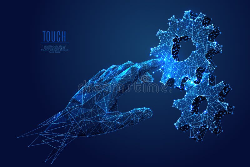 Human Arm touch gears composed of polygons. Low poly vector illustration of a starry sky style. gearing consists of lines, dots and shapes. Internet or digital or devices and computer symbol. Human Arm touch gears composed of polygons. Low poly vector illustration of a starry sky style. gearing consists of lines, dots and shapes. Internet or digital or devices and computer symbol