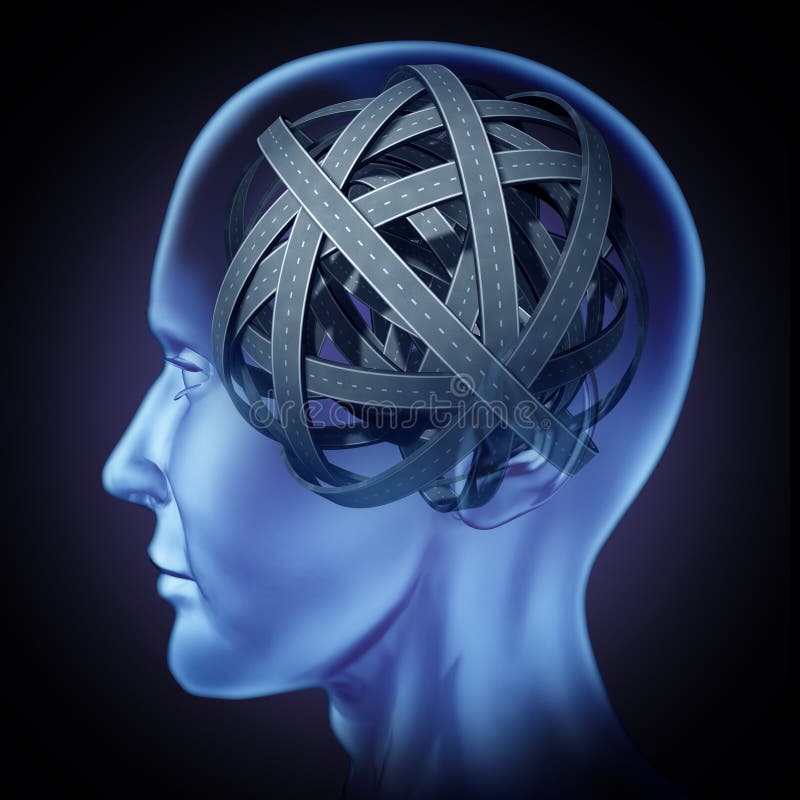 Confused puzzled mind and brain problems symbol featuring a human head with tangled mixed roads and paths representing the concept of cognitive illness and memory loss solving to find a solution and answers to mysteries of the human brain. Confused puzzled mind and brain problems symbol featuring a human head with tangled mixed roads and paths representing the concept of cognitive illness and memory loss solving to find a solution and answers to mysteries of the human brain.