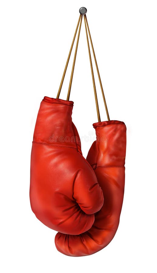 Boxing gloves hanging on a isolated white background with laces nailed to a wall as a business or sport concept of a person that retires gives up the fight or prepares for competition. Boxing gloves hanging on a isolated white background with laces nailed to a wall as a business or sport concept of a person that retires gives up the fight or prepares for competition.