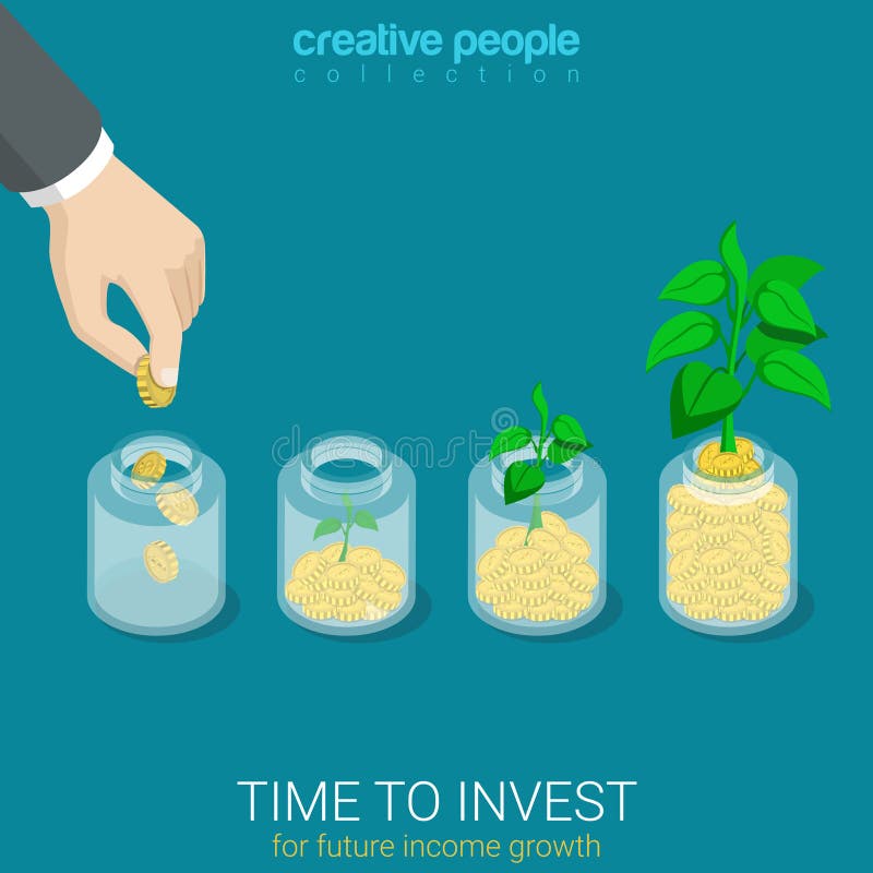 Flat 3d isometric style time to invest grow business start up concept web infographics vector illustration. Big hand throw coin into jar growing sprout. Creative people website conceptual collection. Flat 3d isometric style time to invest grow business start up concept web infographics vector illustration. Big hand throw coin into jar growing sprout. Creative people website conceptual collection.