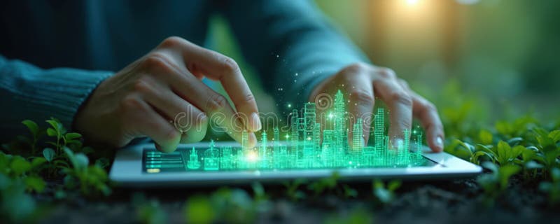 Ο επιχειρηματίας χρησιμοποιεί tablet για πράσινη εκκίνηση. Ενσωματώνει βιώσιμες τεχνικές χρηματοδότησης. Οικολογικό επιχειρηματικό απεικόνιση αποθεμάτων