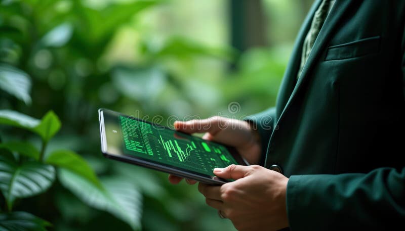 ο επιχειρηματίας χρησιμοποιεί tablet για τη διαχείριση της τεχνολογίας βιώσιμων οικονομικών. άτομο που κρατά tablet με φιλικά προς διανυσματική απεικόνιση