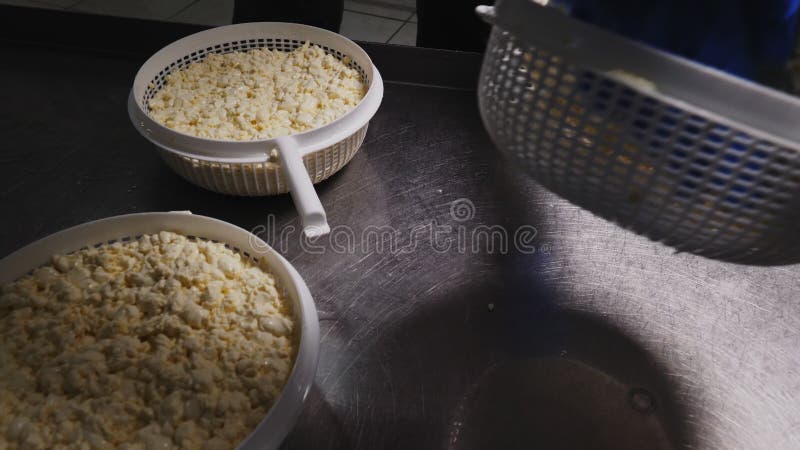 Ο εργαζόμενος μετατρέπει το ωμό τυρί σε μεταλλικό τραπέζι σε εργαστήριο κλείνοντας απόθεμα βίντεο