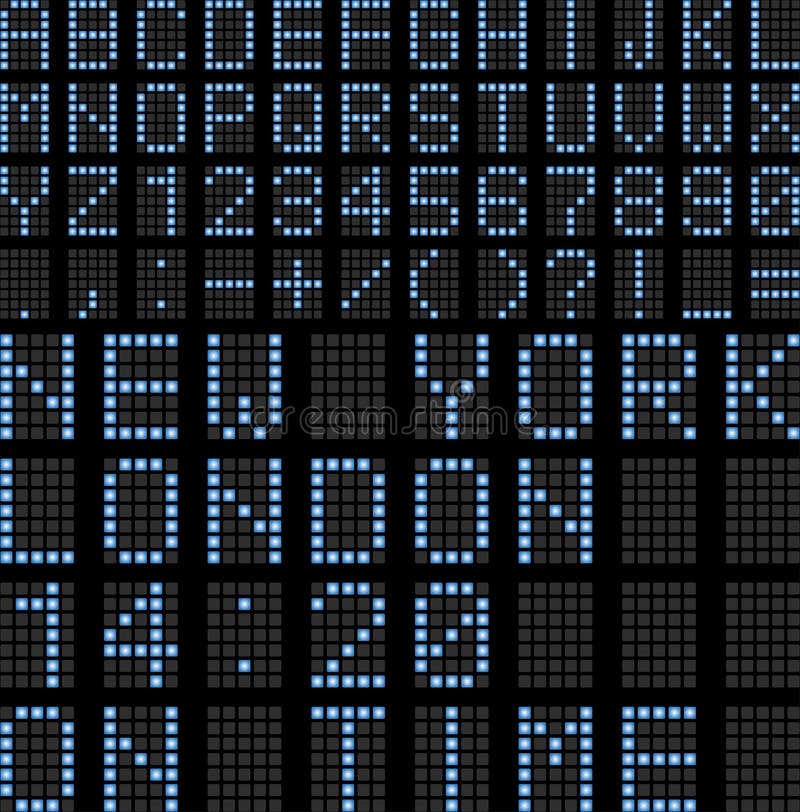 Illustration featuring font - letters and numbers of a digital led display board. Usable for airport schedules, train timetables etc. Eps file is available. Illustration featuring font - letters and numbers of a digital led display board. Usable for airport schedules, train timetables etc. Eps file is available