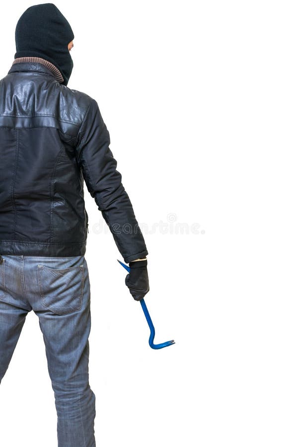 Ο διαρρήκτης ή ο κλέφτης από κρατά πίσω το λοστό διαθέσιμο απομονωμένο οπισθοσκόπο λευκό στοκ εικόνα με δικαίωμα ελεύθερης χρήσης Ο διαρρήκτης ή ο κλέφτης από κρατά πίσω το λοστό διαθέσιμο απομονωμένο οπισθοσκόπο λευκό στοκ εικόνα με δικαίωμα ελεύθερης χρήσης