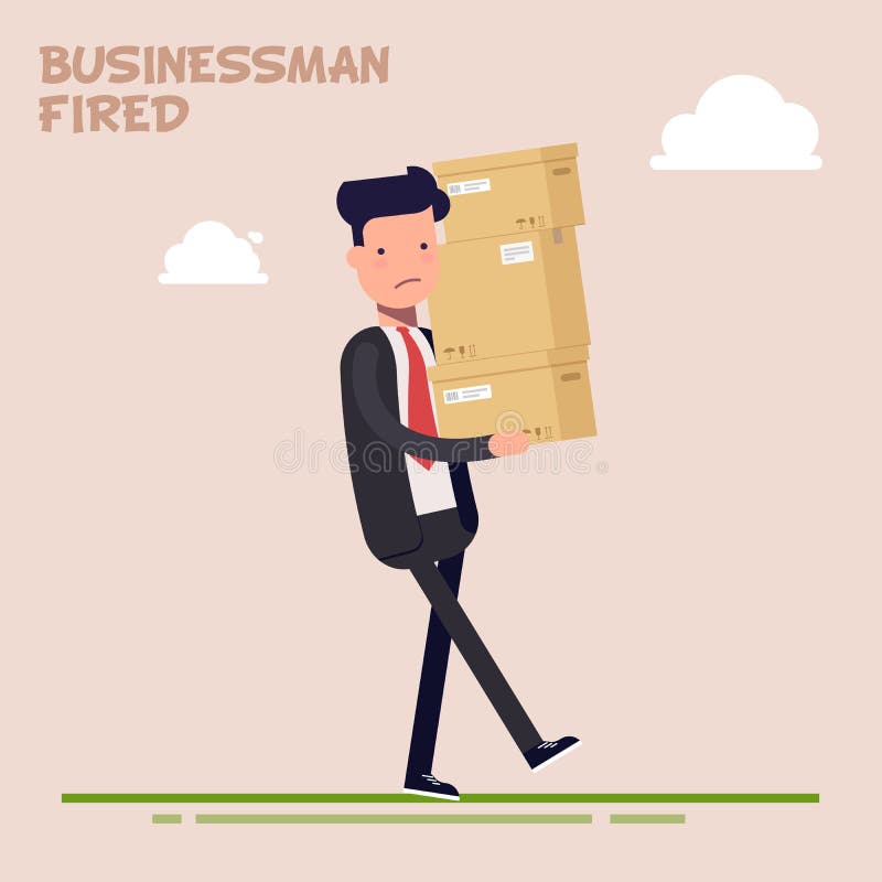 Tired businessman or manager carries heavy boxes. The office worker was fired. Delivery of goods. Flat character isolated on color background. Tired businessman or manager carries heavy boxes. The office worker was fired. Delivery of goods. Flat character isolated on color background