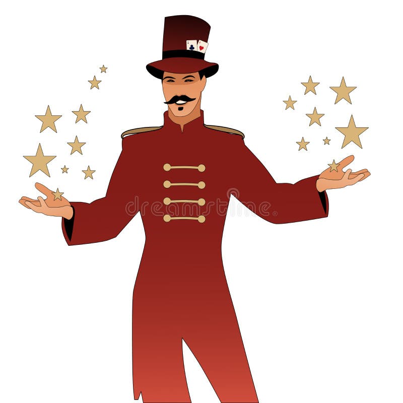 Ο κύριος των τελετών με το mustache, που φορά το τοπ καπέλο εξωράϊσε με τις κάρτες παιχνιδιού, που παρουσιάζουν αστέρια στα χέρια διανυσματική απεικόνιση Ο κύριος των τελετών με το mustache, που φορά το τοπ καπέλο εξωράϊσε με τις κάρτες παιχνιδιού, που παρουσιάζουν αστέρια στα χέρια διανυσματική απεικόνιση