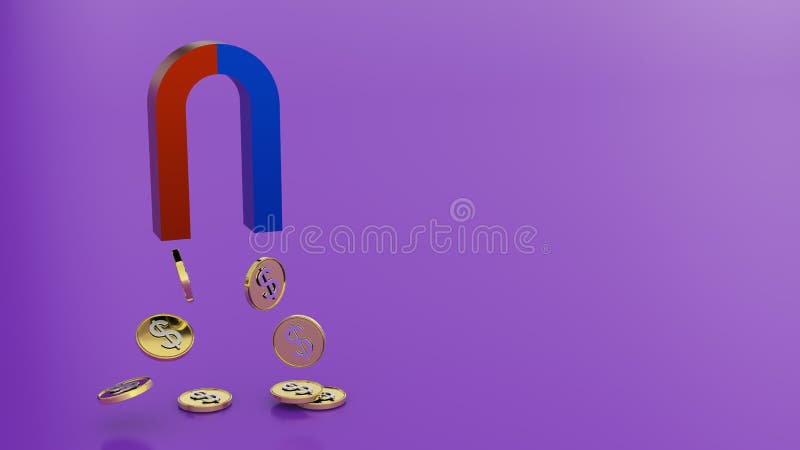 ο μαγνήτης προσελκύει χρήματα. έννοια χρηματοδότησης 3δ απόδοση. πορφυρό φόντο. απεικόνιση αποθεμάτων