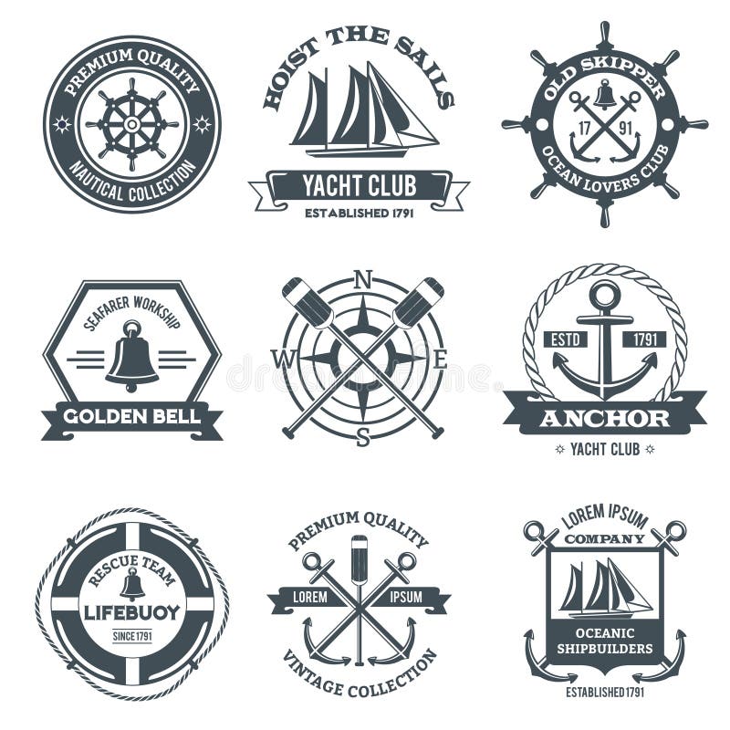 Nautical label sea and ocean yacht journey black emblems set isolated vector illustration. Nautical label sea and ocean yacht journey black emblems set isolated vector illustration