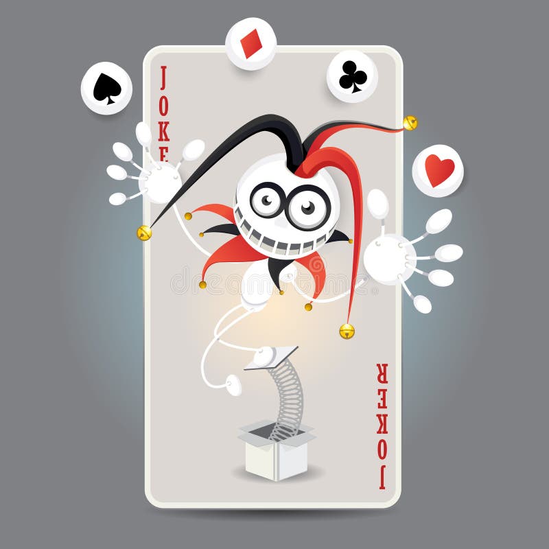 Joker Harlequin Make Juggling Performance With Spade, Club, Diamond, Heart Balls In Front Of Big Card. Joker Harlequin Make Juggling Performance With Spade, Club, Diamond, Heart Balls In Front Of Big Card