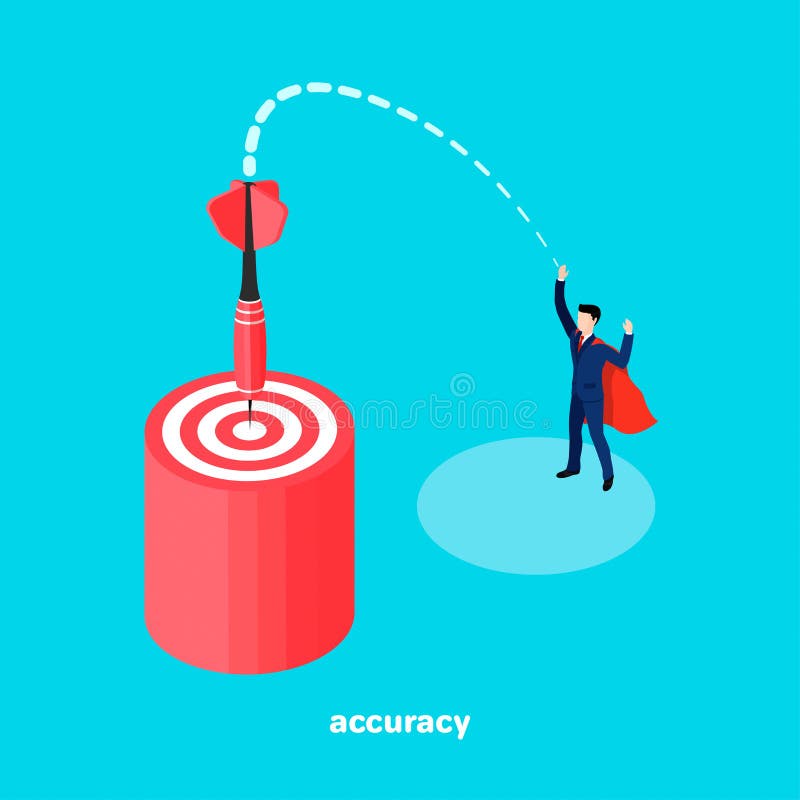 Target and dart, a man in a business suit made an accurate throw with a dart at the target, an isometric image. Target and dart, a man in a business suit made an accurate throw with a dart at the target, an isometric image