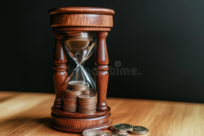Ο συμβολισμός των χρυσών νομισμάτων και των κλεψιών με άμμο υποδηλώνει ότι ο χρόνος είναι πολύτιμο αγαθό που δίνει έμφαση στην στοκ εικόνες με δικαίωμα ελεύθερης χρήσης