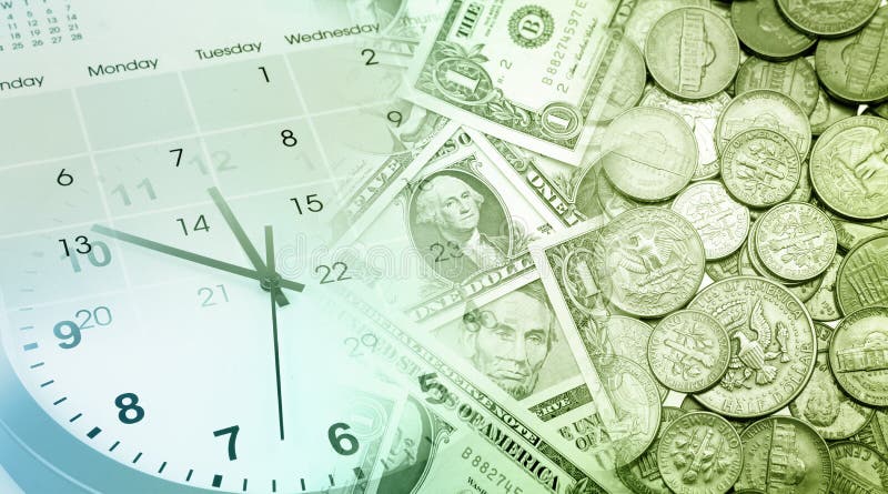 Clock face, calendar and American currency. Clock face, calendar and American currency