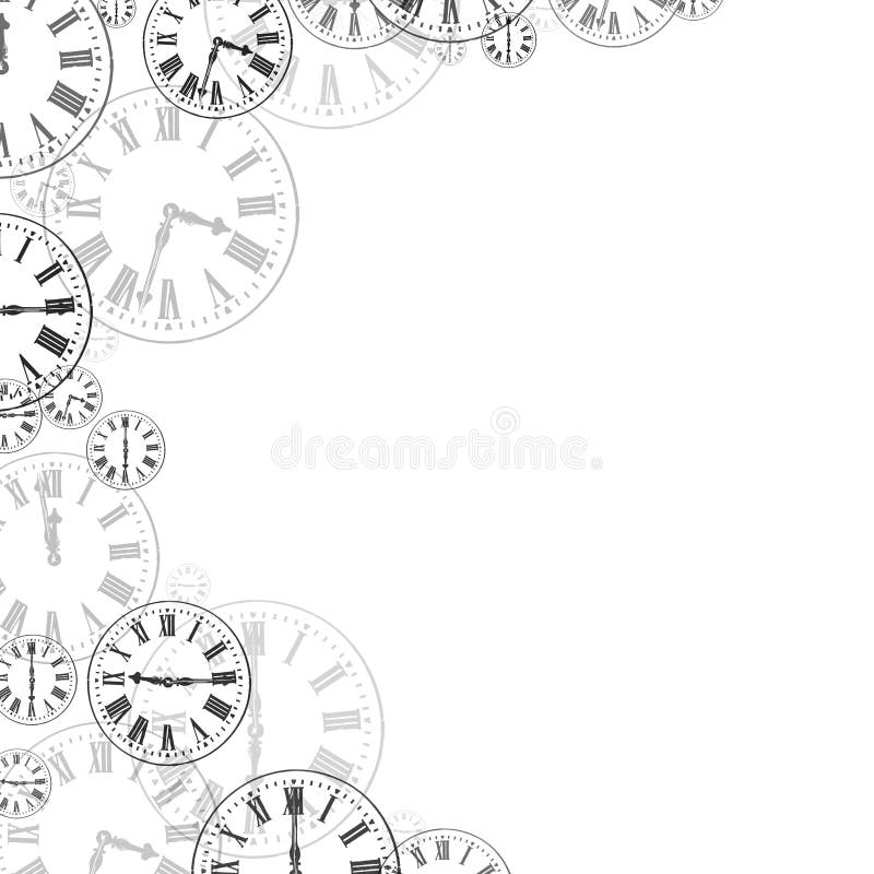 Black vintage clock faces set to different times making a top, left and bottom page border on white. Concepts of time passing, history, memories, nostalgia and memory. Also reflects deadlines, punctuality, past, future, timetables and schedules. Black vintage clock faces set to different times making a top, left and bottom page border on white. Concepts of time passing, history, memories, nostalgia and memory. Also reflects deadlines, punctuality, past, future, timetables and schedules.