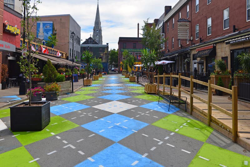 HALIFAX, CANADA â€“ AUG 3, 2015: Argyle Street in Halifax, Nova Scotia, famous for its trendy bars and restaurants, with a new Argyle paint job on the section that has been closed to traffic. HALIFAX, CANADA â€“ AUG 3, 2015: Argyle Street in Halifax, Nova Scotia, famous for its trendy bars and restaurants, with a new Argyle paint job on the section that has been closed to traffic.