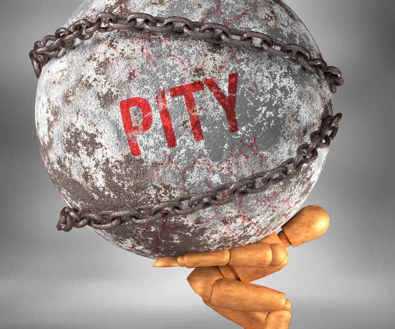 Pity and hardship in life - pictured by word Pity as a heavy weight on shoulders to symbolize Pity as a burden, 3d illustration. Pity and hardship in life - pictured by word Pity as a heavy weight on shoulders to symbolize Pity as a burden, 3d illustration.