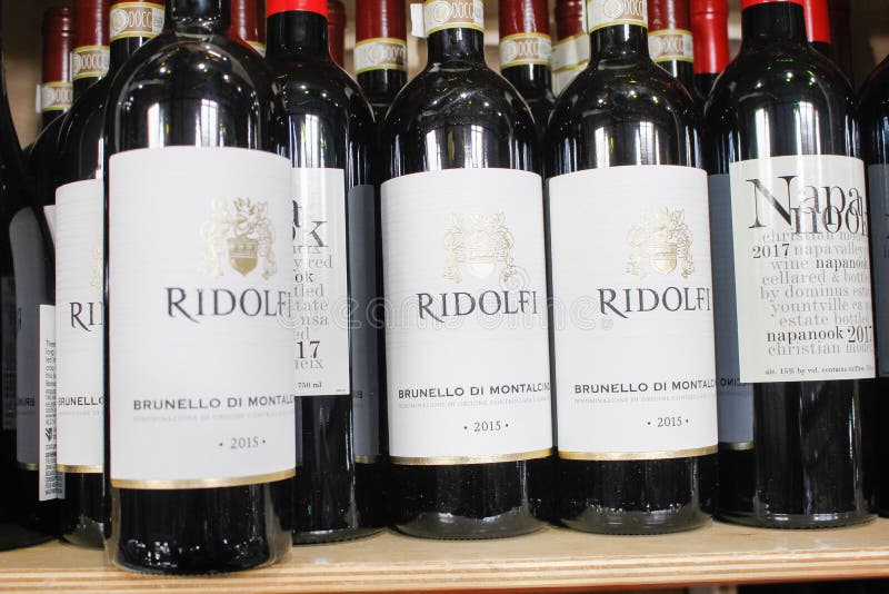 Los Angeles, California, United States - 04-06-2021: A view of several bottles of 2015 Ridolfi Brunello di Montalcino wine, on display at a local grocery store. Los Angeles, California, United States - 04-06-2021: A view of several bottles of 2015 Ridolfi Brunello di Montalcino wine, on display at a local grocery store.