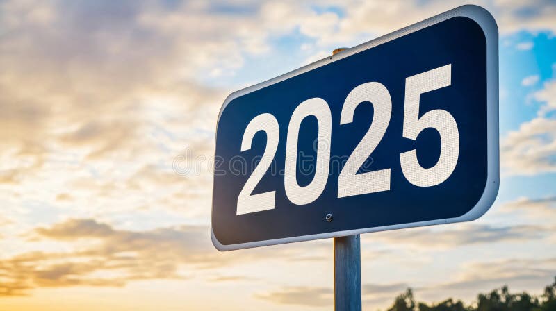 οδικό σήμα που απεικονίζει το έτος 2025 στο ηλιοβασίλεμα με σύννεφα διανυσματική απεικόνιση