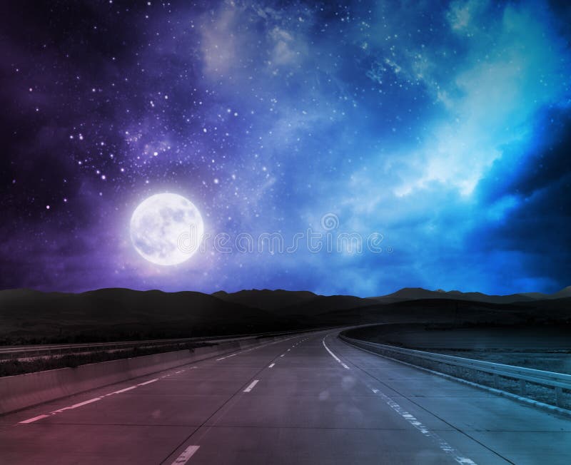 A night road background with moon and stars. A night road background with moon and stars