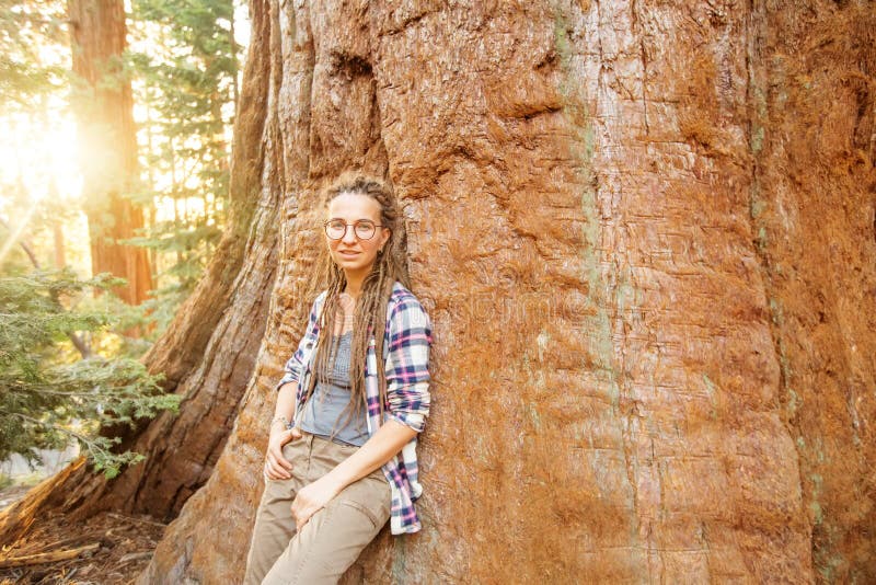 Οδοιπόρος Sequoia στο εθνικό πάρκο σε Καλιφόρνια, ΗΠΑ στοκ φωτογραφίες με δικαίωμα ελεύθερης χρήσης
