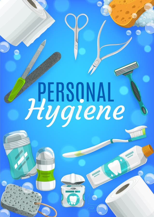 Personal hygiene vector design of body care products and toiletries. Toothpaste, toothbrush and toilet paper, shaver, deodorant and pumice stone, manicure scissors and nail files frame with bubbles. Personal hygiene vector design of body care products and toiletries. Toothpaste, toothbrush and toilet paper, shaver, deodorant and pumice stone, manicure scissors and nail files frame with bubbles