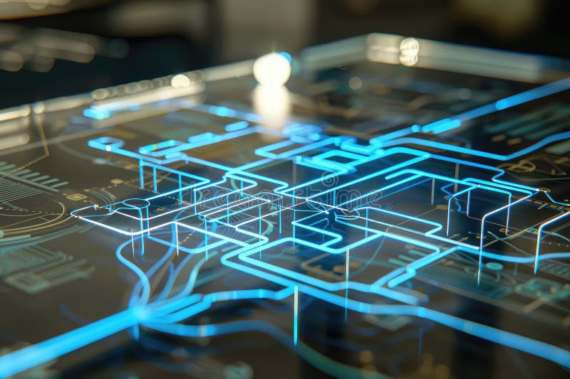 A computer screen shows a blue and black design of a circuit board. The design is intricate and detailed, with many lines and shapes. Scene is one of complexity and sophistication. A computer screen shows a blue and black design of a circuit board. The design is intricate and detailed, with many lines and shapes. Scene is one of complexity and sophistication