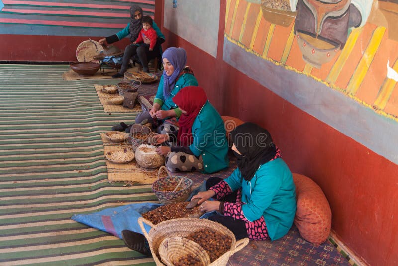 4.1.2018, Marocco, in a house on the road to the Sahara desert women prepare argan oil. 4.1.2018, Marocco, in a house on the road to the Sahara desert women prepare argan oil