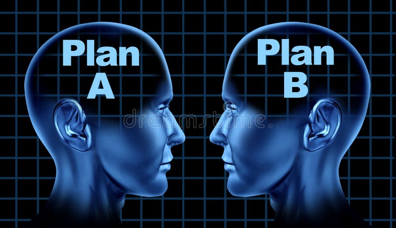 Plan a plan b strategy symbol with two human heads facing one another representing two different views and opinions. Plan a plan b strategy symbol with two human heads facing one another representing two different views and opinions.