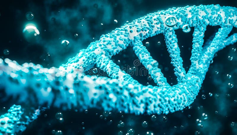 Οι κλώνοι DNA διπλεύουν την έλικα κλείνοντας σε υγρό με φυσαλίδες και σωματίδια Ιατρική, βιολογία, μικροβιολογία, γενετική απόδοσ διανυσματική απεικόνιση