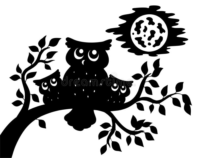 Silhouette of three owls on branch - illustration. Silhouette of three owls on branch - illustration.