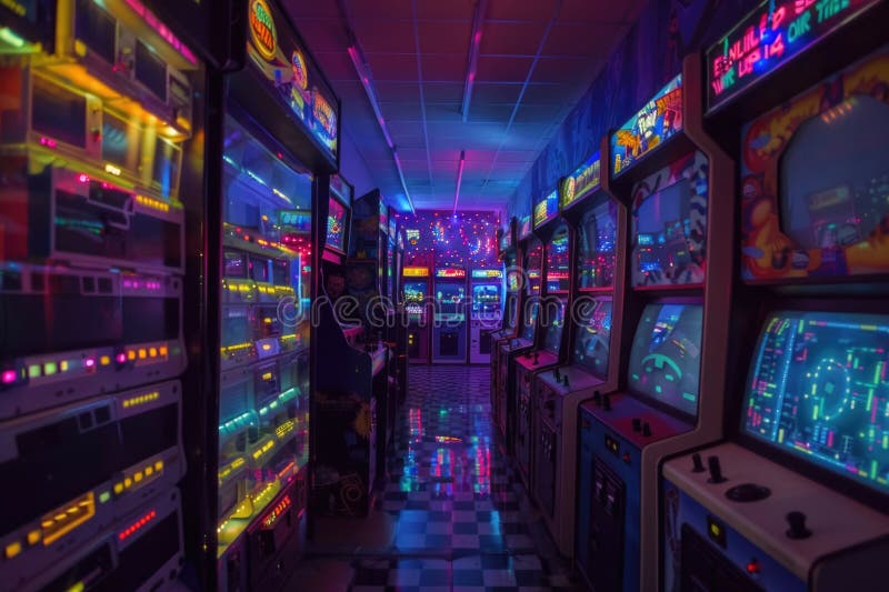 Retro arcade game machines lined up in a colorful room with neon lights, evoking nostalgia and entertainment AI AI generated. Retro arcade game machines lined up in a colorful room with neon lights, evoking nostalgia and entertainment AI AI generated