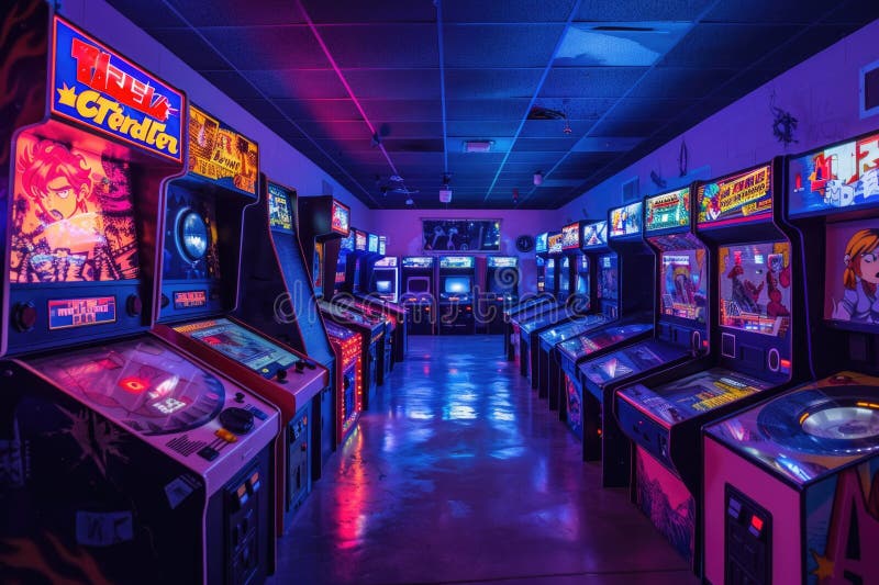 Retro arcade game machines lined up in a colorful room with neon lights, evoking nostalgia and entertainment AI AI generated. Retro arcade game machines lined up in a colorful room with neon lights, evoking nostalgia and entertainment AI AI generated