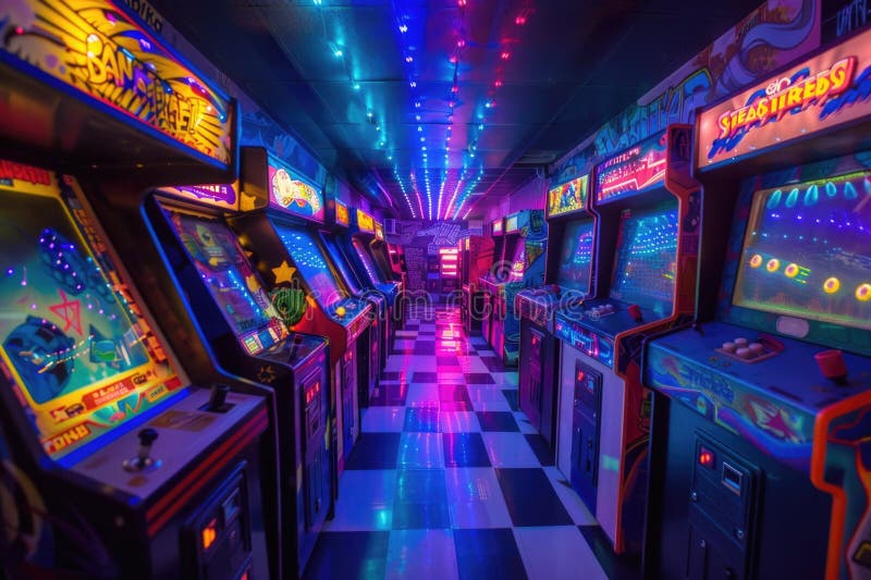 Retro arcade game machines lined up in a colorful room with neon lights, evoking nostalgia and entertainment AI AI generated. Retro arcade game machines lined up in a colorful room with neon lights, evoking nostalgia and entertainment AI AI generated