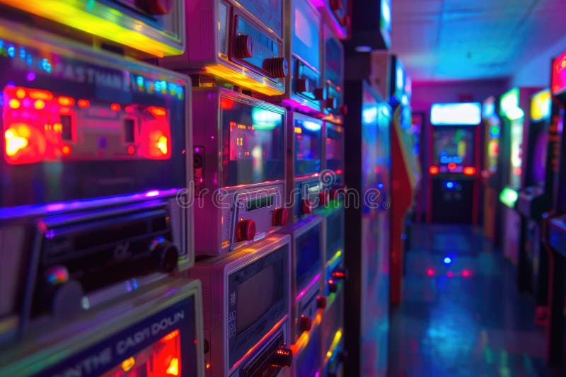 Retro arcade game machines lined up in a colorful room with neon lights, evoking nostalgia and entertainment AI AI generated. Retro arcade game machines lined up in a colorful room with neon lights, evoking nostalgia and entertainment AI AI generated