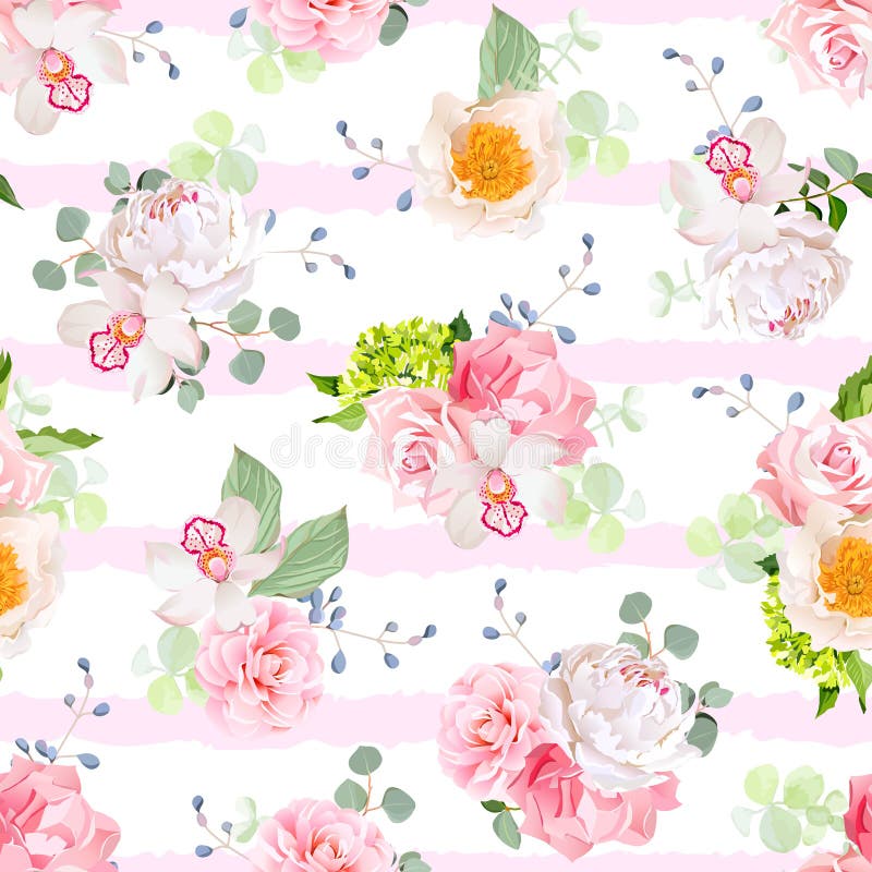 Οι μικρές ανθοδέσμες άνοιξη της ροδαλής, peony, καμέλιας, της ορχιδέας, του γαρίφαλου, του hydrangea, των μπλε μούρων και των euc ελεύθερη απεικόνιση δικαιώματος Οι μικρές ανθοδέσμες άνοιξη της ροδαλής, peony, καμέλιας, της ορχιδέας, του γαρίφαλου, του hydrangea, των μπλε μούρων και των euc ελεύθερη απεικόνιση δικαιώματος