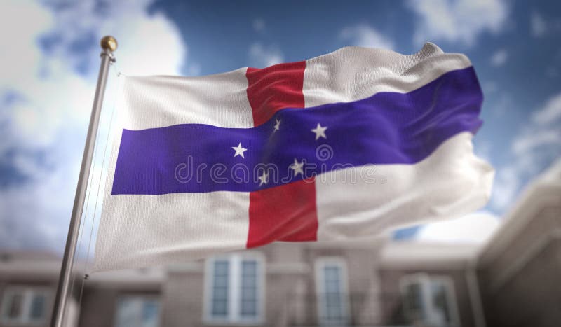 Netherlands Antilles Flag 3D Rendering on Blue Sky Building Background. Netherlands Antilles Flag 3D Rendering on Blue Sky Building Background