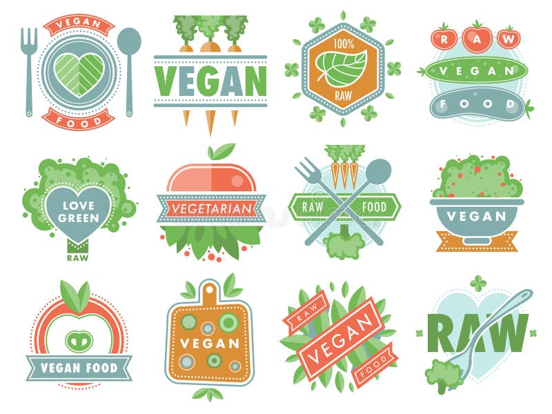 Οι οργανικές vegan υγιείς ετικέτες διακριτικών λογότυπων εστιατορίων eco τροφίμων με τη χορτοφάγο ακατέργαστη διατροφή τροφίμων φ απεικόνιση αποθεμάτων