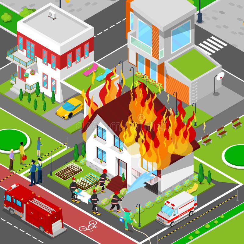 Οι πυροσβέστες εξαφανίζουν μια Isometric πόλη πυρκαγιάς στο εσωτερικό Ο πυροσβέστης βοηθά την τραυματισμένη γυναίκα απεικόνιση αποθεμάτων Οι πυροσβέστες εξαφανίζουν μια Isometric πόλη πυρκαγιάς στο εσωτερικό Ο πυροσβέστης βοηθά την τραυματισμένη γυναίκα απεικόνιση αποθεμάτων