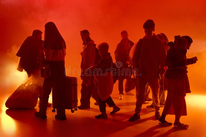 Οι σιλουέτες των ατόμων με κόκκινο φως νέον μοιάζουν με σάκους μεταφοράς φωτιάς και ομίχλης και αποσκευές σε διαφορετικές κατευθύν στοκ εικόνες με δικαίωμα ελεύθερης χρήσης