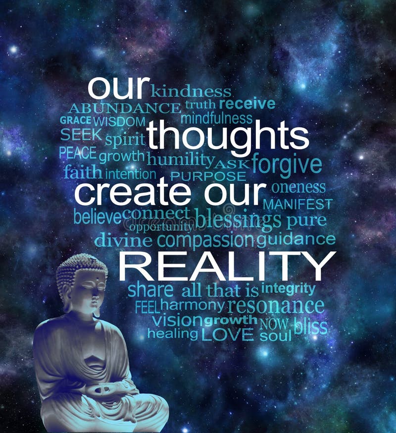 Deep space background with a lotus seated buddha in left corner and a word cloud surrounding the phrase OUR THOUGHTS CREATE OUR REALITY. Deep space background with a lotus seated buddha in left corner and a word cloud surrounding the phrase OUR THOUGHTS CREATE OUR REALITY