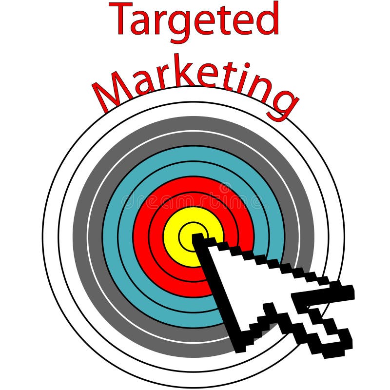 A pixel computer cursor icon clicks on targeted marketing bulls eye target. A pixel computer cursor icon clicks on targeted marketing bulls eye target.