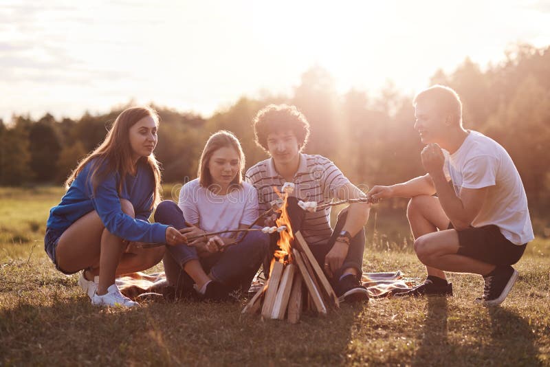 Οι φίλοι στο λιβάδι άναψαν τη φωτιά και marshmallows τηγανητών, unset χρόνος, ηλιόλουστη θερινή ημέρα, ομάδα νεαρών ξοδεύουν την στοκ φωτογραφίες με δικαίωμα ελεύθερης χρήσης Οι φίλοι στο λιβάδι άναψαν τη φωτιά και marshmallows τηγανητών, unset χρόνος, ηλιόλουστη θερινή ημέρα, ομάδα νεαρών ξοδεύουν την στοκ φωτογραφίες με δικαίωμα ελεύθερης χρήσης