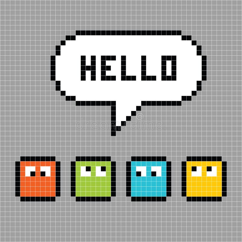 Square characters with a Hello speech bubble, in pixel form. Square characters with a Hello speech bubble, in pixel form