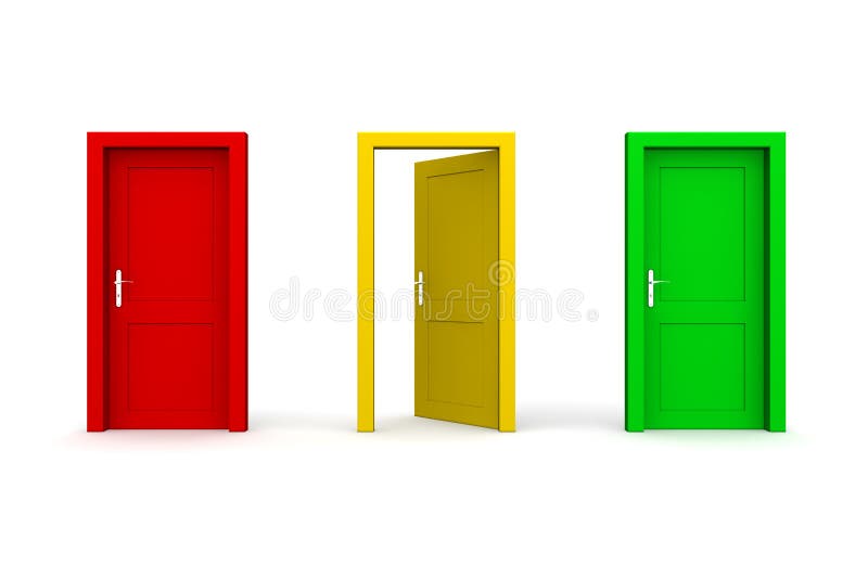 Three doors in a a row - red, yellow, green - yellow door open. Three doors in a a row - red, yellow, green - yellow door open