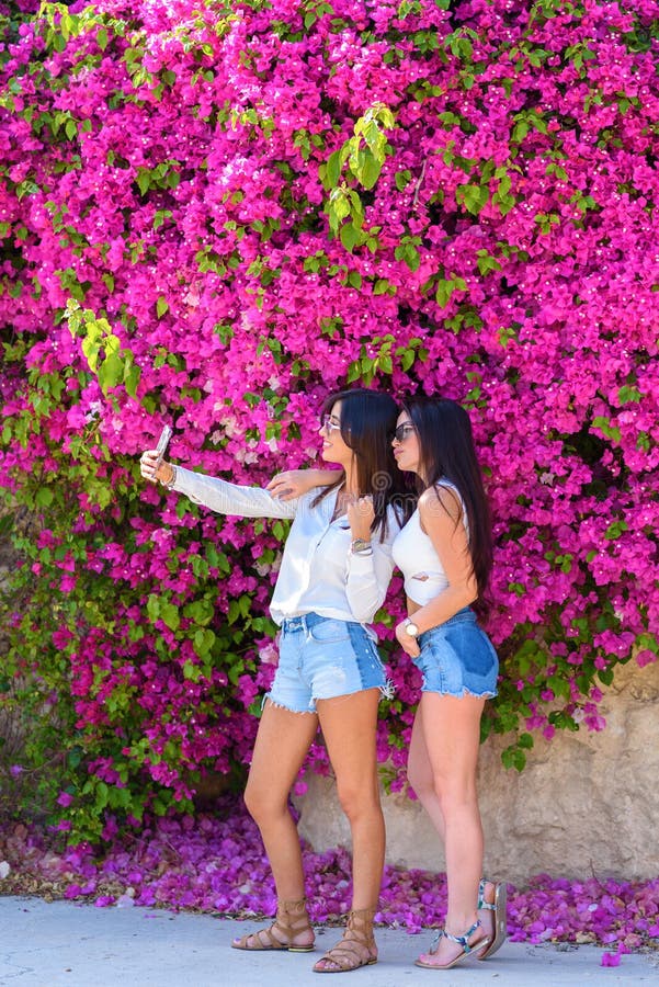 Οι όμορφες ευτυχείς νέες γυναίκες κάνουν selfie στο ζωηρόχρωμο φυσικό υπόβαθρο των φωτεινών ρόδινων λουλουδιών στοκ εικόνες με δικαίωμα ελεύθερης χρήσης Οι όμορφες ευτυχείς νέες γυναίκες κάνουν selfie στο ζωηρόχρωμο φυσικό υπόβαθρο των φωτεινών ρόδινων λουλουδιών στοκ εικόνες με δικαίωμα ελεύθερης χρήσης