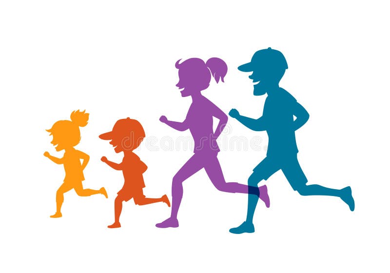 Οικογένεια που τρέχει jogging οι μαζί απομονωμένες διανυσματικές ζωηρόχρωμες σκιαγραφίες απεικόνισης ελεύθερη απεικόνιση δικαιώματος