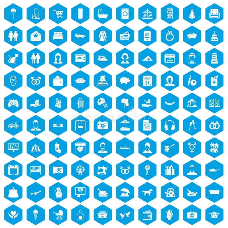 100 family icons set in blue hexagon isolated vector illustration. 100 family icons set in blue hexagon isolated vector illustration