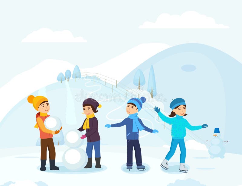 Vacation family winter activity. Group people kids skate and sculpt a snowman on outdoors. Kids having fun enjoy rest. Happy people lead a winter active lifestyle outdoors cartoon vector illustration. Vacation family winter activity. Group people kids skate and sculpt a snowman on outdoors. Kids having fun enjoy rest. Happy people lead a winter active lifestyle outdoors cartoon vector illustration